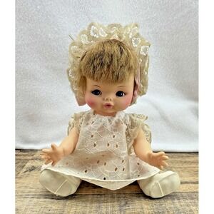 1960's HORSMAN 9" Baby Toddler Doll Vtg Drink And Wet Bonnet White Eyelet Dress
